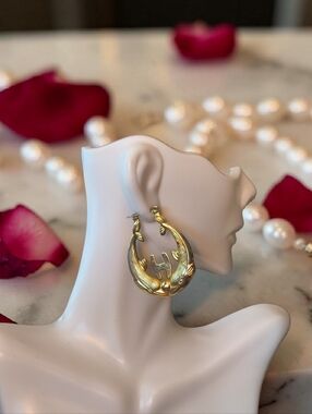 Vtg 90's Gold-tone Leaf Hoop "H"  Earrings